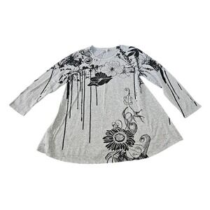 Jess & Jane Gray Floral Graphic Tunic Top Women Large USA Artsy Shirt Boho